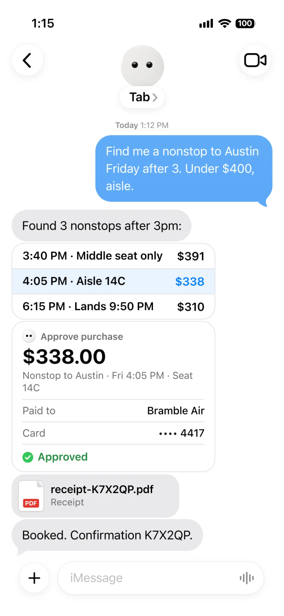 Messages thread: Tab finds three nonstop flights to Austin, recommends the 4:05pm for $338 with seat 14C, gets approval, and books it.