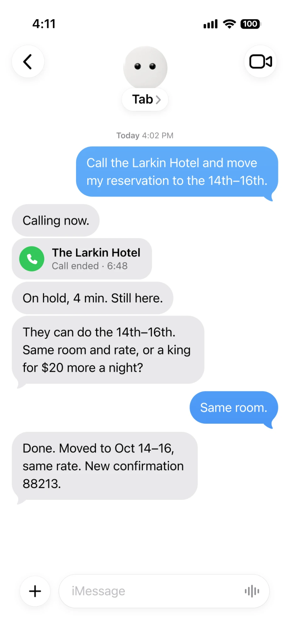 Messages thread: Tab calls the Larkin Hotel, waits on hold, asks one question, and moves the reservation to Oct 14–16 at the same rate.