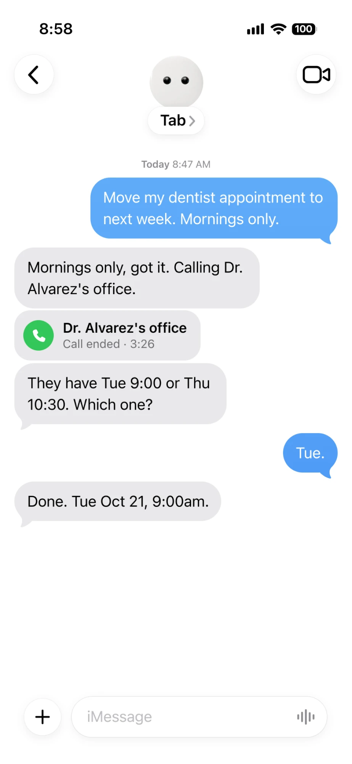 Messages thread: Tab calls Dr. Alvarez's office, offers Tuesday 9:00 or Thursday 10:30, and books Tuesday.