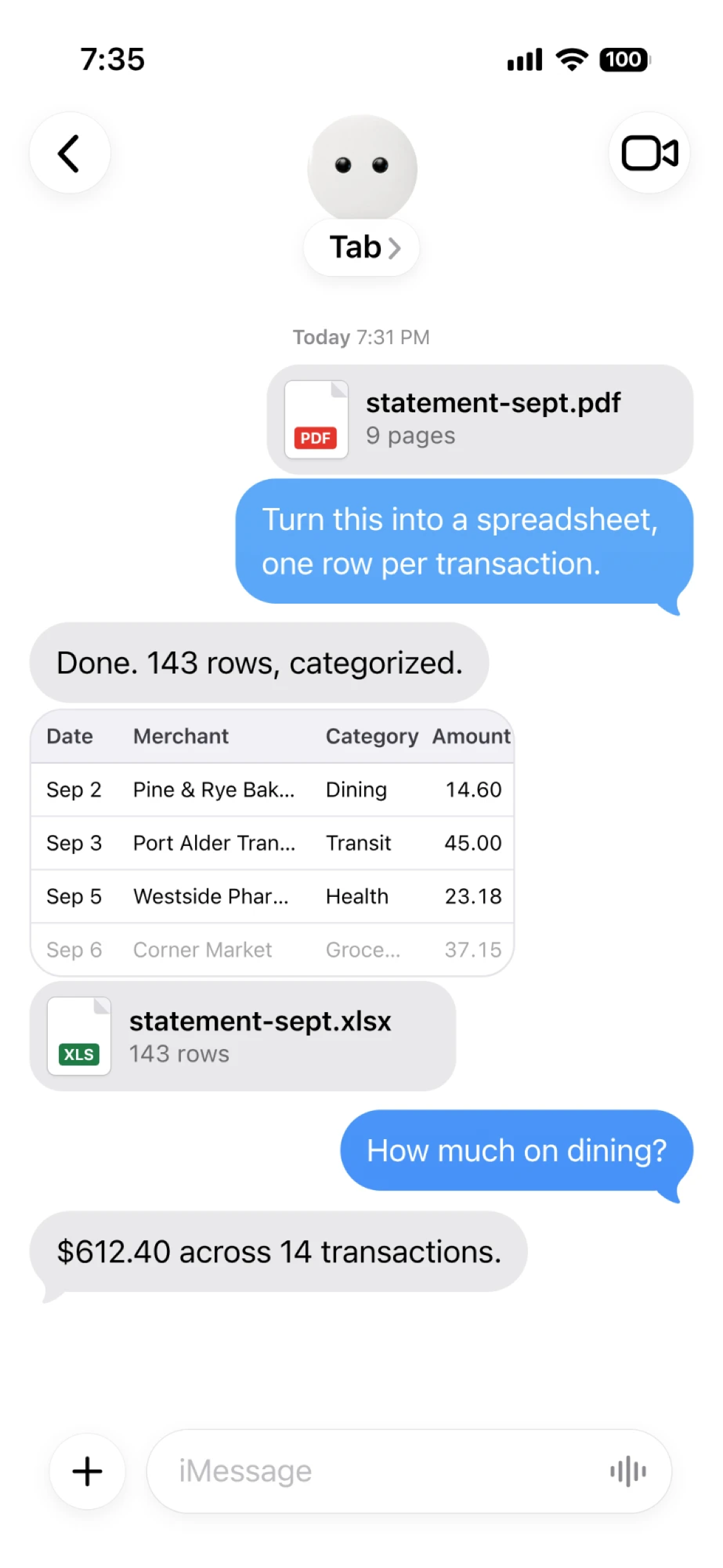 Messages thread: a PDF bank statement turned into a categorized spreadsheet with 143 rows.