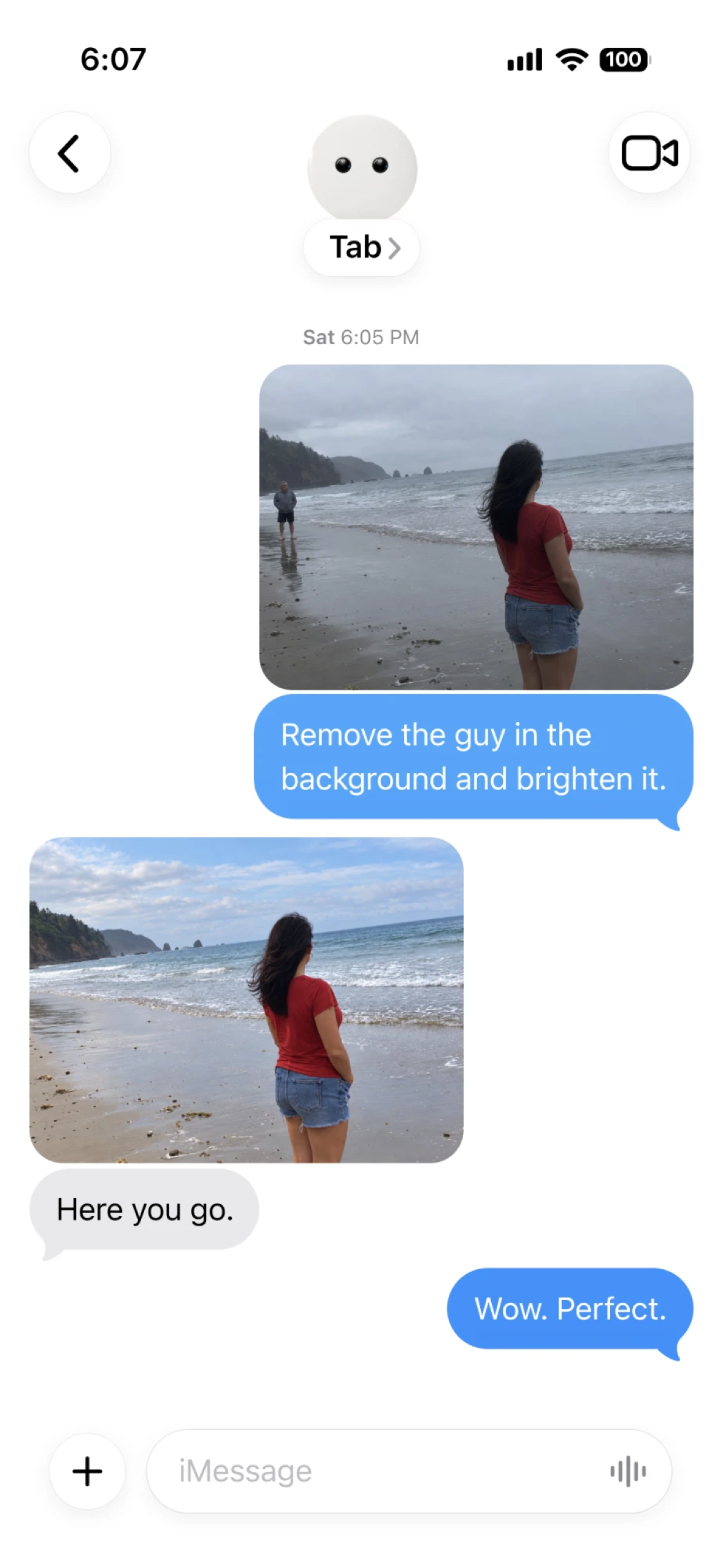 Messages thread: a beach photo with a stranger in the background, and Tab's edited version with him removed and the light brightened.