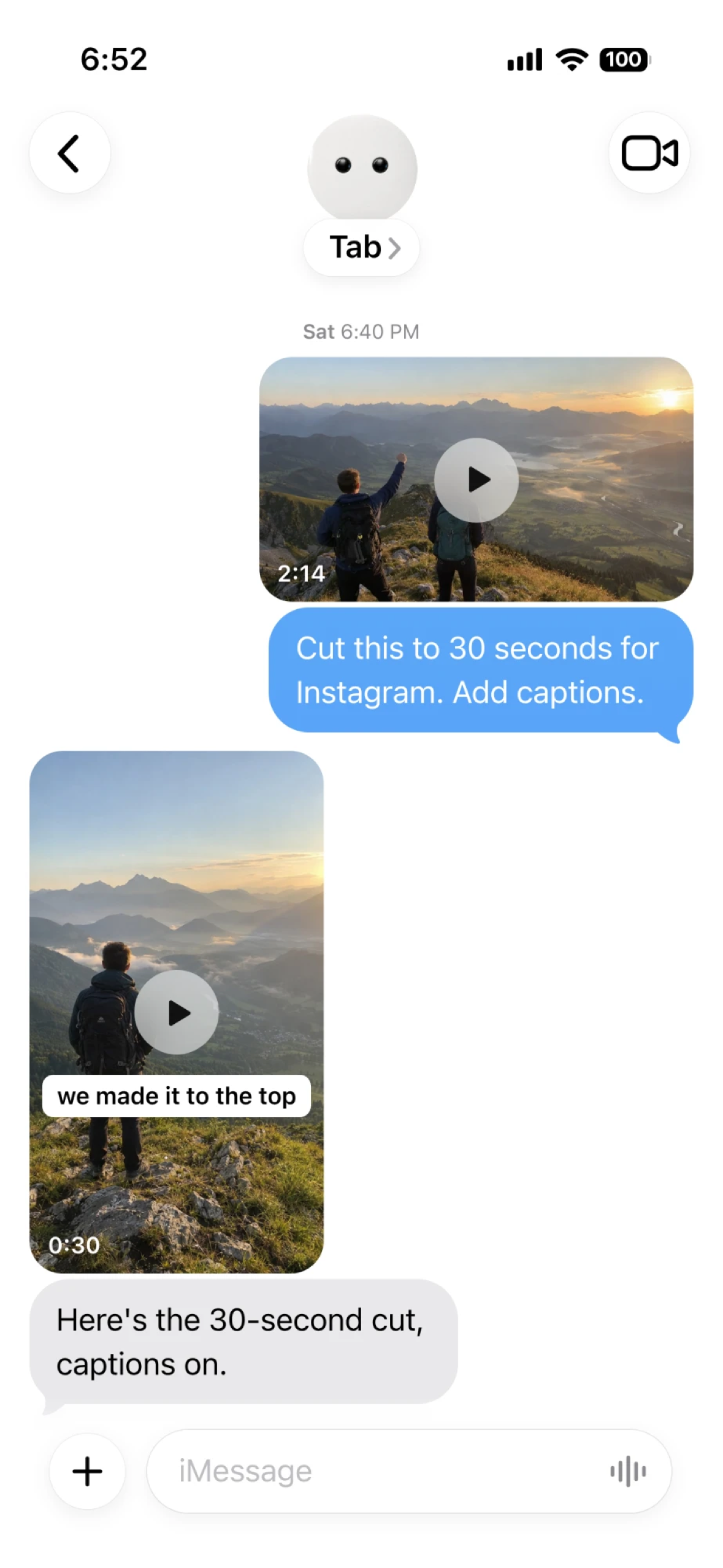 Messages thread: a 2:14 video, and Tab's 30-second vertical cut with captions.