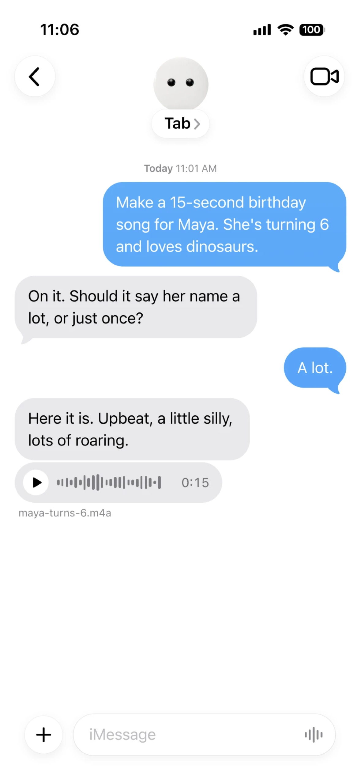 Messages thread: Tab makes a 15-second dinosaur birthday song for Maya and sends the audio track.