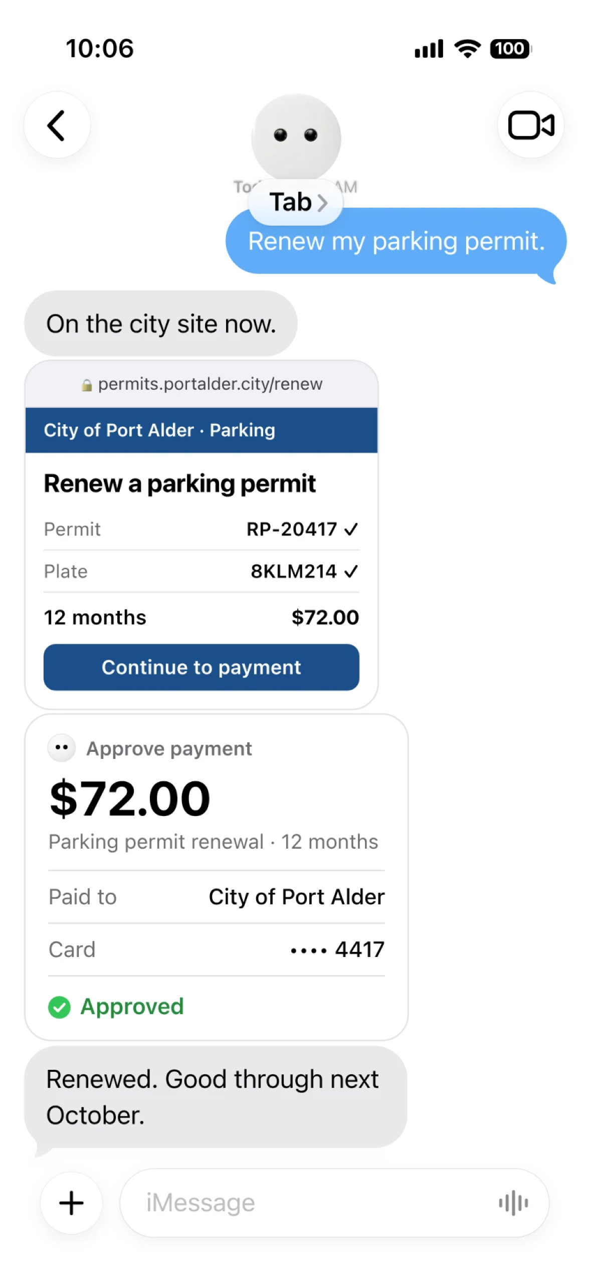 Messages thread: Tab renews a parking permit on the city's website, gets approval for $72.00, and confirms it's renewed.