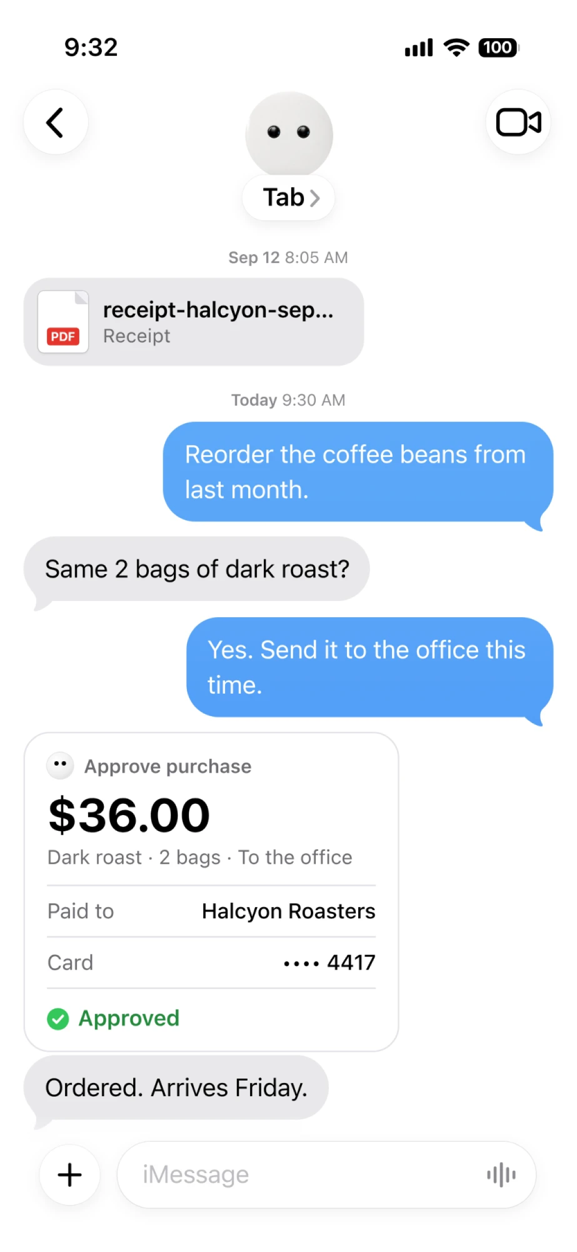 Messages thread: last month's coffee receipt, then Tab reorders the same two bags for $36 after approval and ships them to the office.