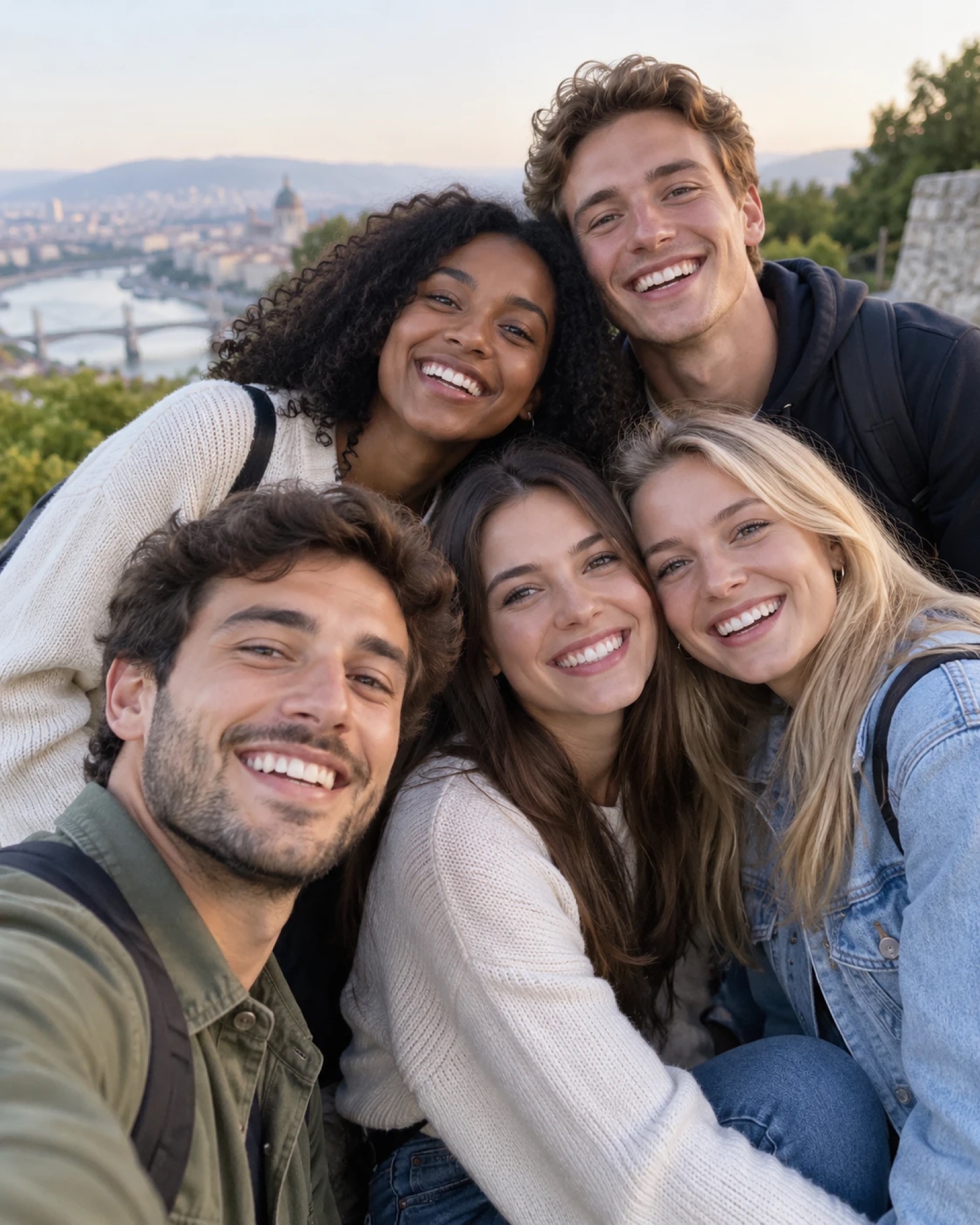 A group of friends laughing together around a phone.